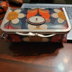 Fossil Key-Per Brown Floral Make Up/travel With Mirror Metal Snap 6.5"x4"x2"